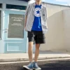 Camisa de manga corta a rayas con botones – Tallas asiáticas «Azul»