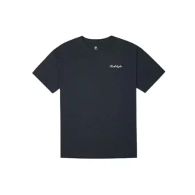 Camiseta negra de manga corta, cuello redondo, holgada y con estampado de letras bordadas