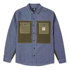 Chaqueta de camisa tejida para hombre Converse Flowers con logo pequeño, estilo retro, con empalmes y colores contrastantes, azul