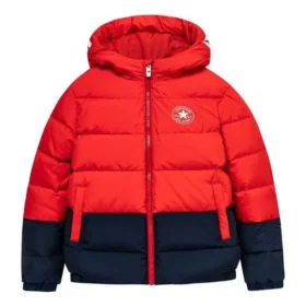 Chaqueta de plumón con capucha y forro polar con insignia del logotipo. Tallas asiáticas «Rojo Negro»