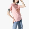 Estampado de letras, cuello redondo, manga corta, rosa