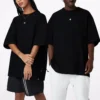 Liso, holgada, cuello redondo, manga corta, estilo para pareja, negro